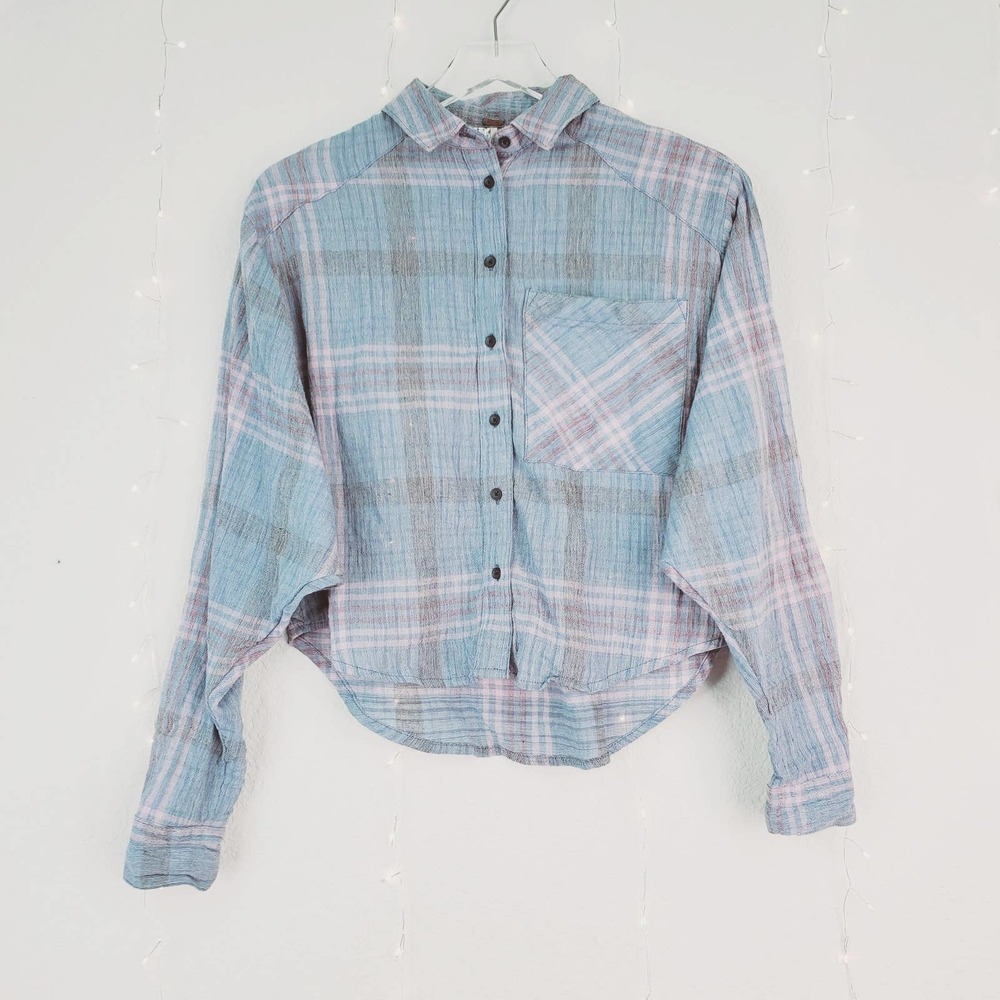 Free People Cutie Plaid Blue Pocketed Button Down Crinkle Woven Cotton Top XS